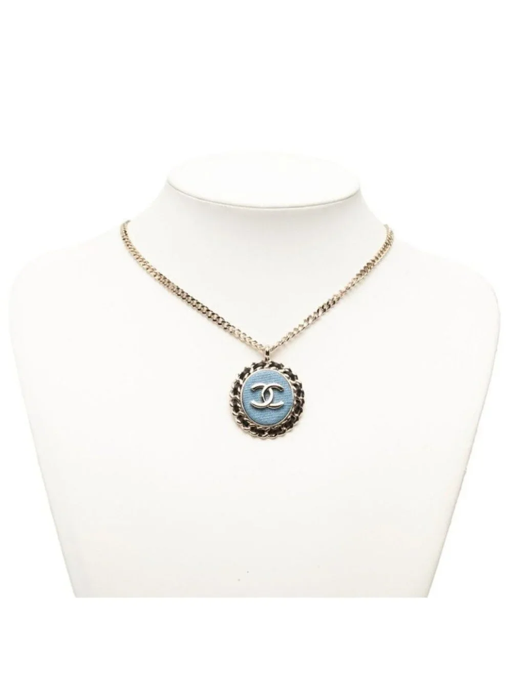 Chanel CC Logo Chain Necklace Gold Blue Black Plated Leather Denim